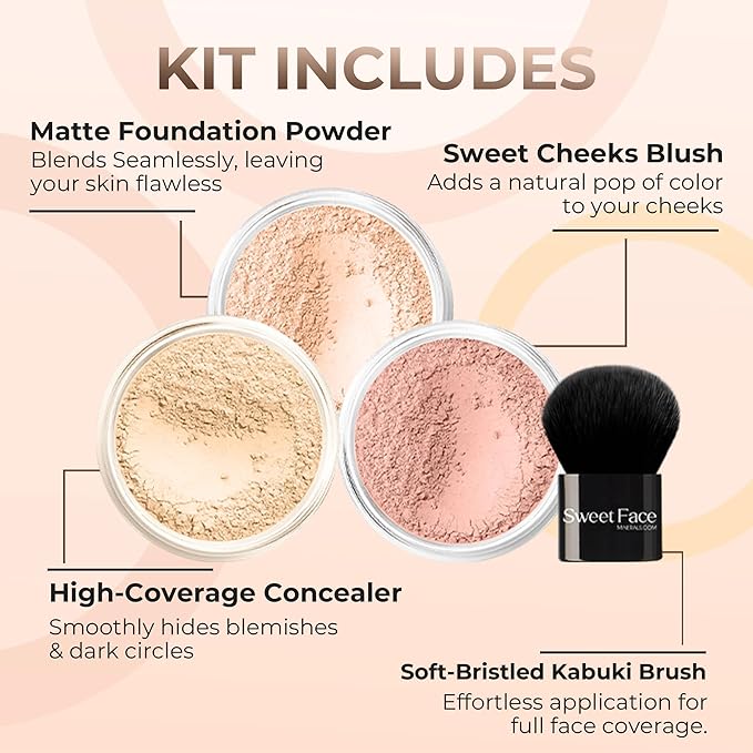 4pc (FAIR 1) KIT w/KABUKI BRUSH Mineral Makeup Matte Loose Powder Foundation Concealer Blush Long Lasting Bare Face Cosmetics