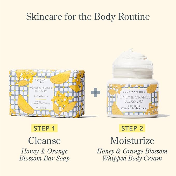 Beekman 1802 Honey & Orange Blossom 3-Piece Body Care Set – Goat Milk Skincare Gift Set with Bar Soap, Whipped Body Cream & Hydrating Hand Cream – Travel Size Body Care Kit