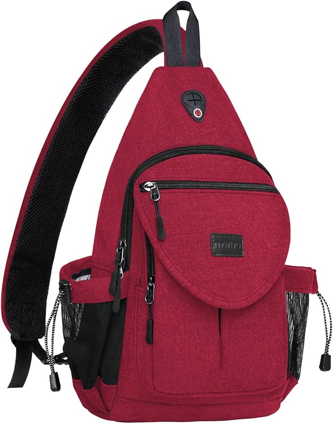 MOSISO Sling Backpack,Canvas Crossbody Hiking Daypack Bag with Anti-theft Pocket, Red