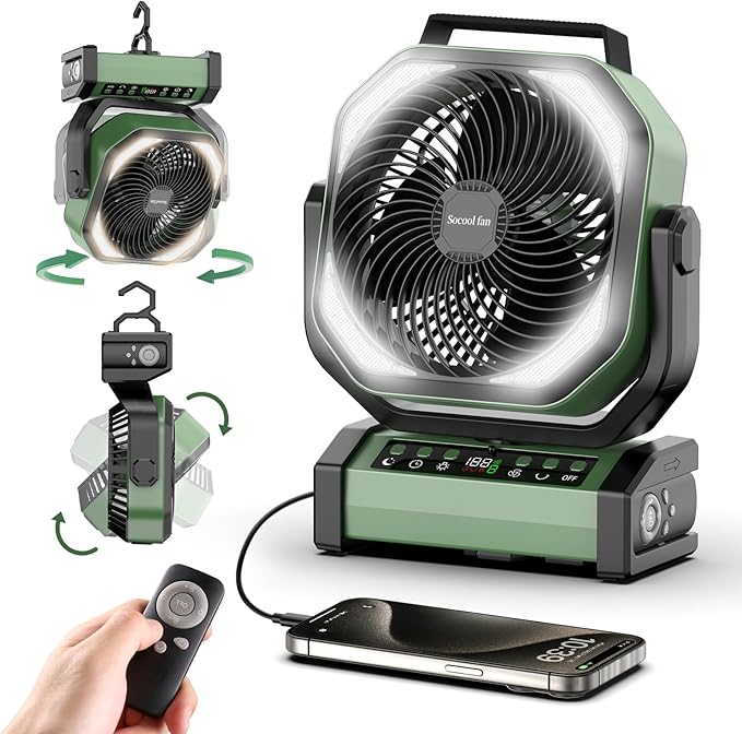 Socool Camping Fan with Light - 20000mAh Rechargeable Battery Fan, 112Hrs Max Run Time, 9 Speeds, Digital Display, Timer, Auto Oscillation, 270° Pivot & Hook for Camping, Power Outage, Hurricane