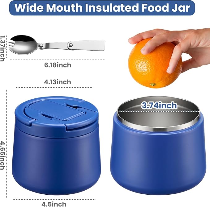 14oz Insulated Vacuum Food Jar with Buckle Lid,Soup Thermo for Hot Food Kids,Wide Mouth Leakproof Stainless Steel Lunch Container with Spoon-Light Blue