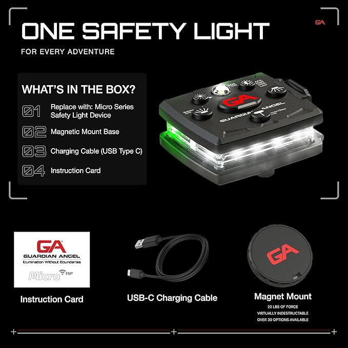 Guardian Angel Micro Series Safety Lights, (All White Front & Green Rear) | Rechargeable, Magnetic & Hands-Free Wearable LED Flashlight for Dog Walking, Cycling, Hiking, Camping & Fishing