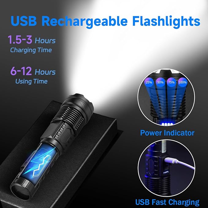 Rechargeable LED Flashlight 2 Pack,90000 High Lumens Tactical Flashlights with 7 Modes,Waterproof Zoomable Handheld Flash Light with COB Work Light for Emergencies,Camping,Home