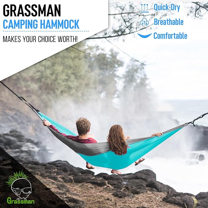 Grassman Camping Hammock Double & Single Portable Hammock with Tree Straps, Lightweight Nylon Parachute Hammocks Camping Accessories Gear for Indoor Outdoor Backpacking, Travel, Hiking, Beach