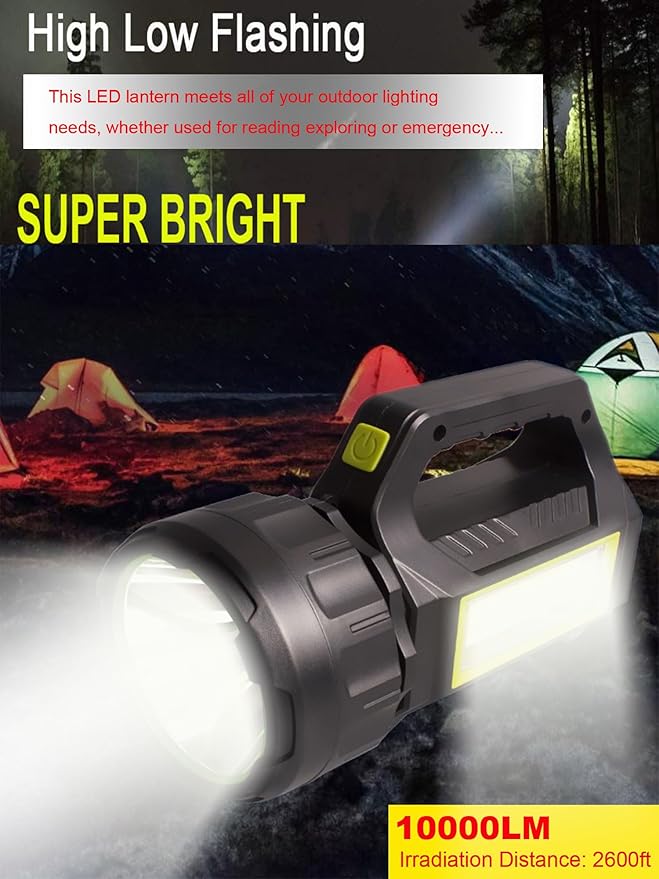 LED Searchlight LED Lantern, Solar Rechargeable Super Bright 10000LM Handheld LEDs Spotlight, Multifunctional Camping Lamp Work Lights, 7 Light Modes, IPX4 Waterproof, for Emergency