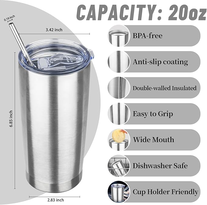 20 oz Tumbler with Lids and Straws, Stainless Steel Insulated Travel Coffee Mug, Double Wall Vacuum Insulated Tumblers, Powder Coated Coffee Tumbler for Cold & Hot Drinks (Silver)