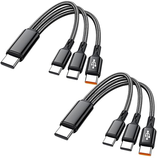 Multi USB C Cable 0.6FT 2Pack, 3 in 1 Multiple Type C Charging,3A Splitter USB-C Charging, Black Nylon Cord,USB C to 3 USB C Port, Compatible with iPhone 15,iPad Pro,Samsung S24,Google,Android,Kindle
