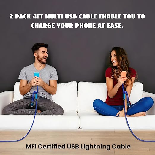 Multi Charging Cable(2Pack 4FT), Nylon Braided 3 in 1 Universal Phone Charger Fast Charging with Type-C/Micro USB and IP Port, Compatible with Most Cell Phones（Blue）
