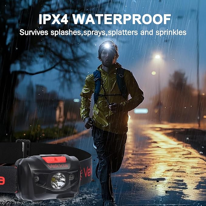 Vekkia LED Headlamp Rechargeable - 5 Lighting Modes,White & Red LEDs Head Lamp, Camping Accessories Gear. IPX4 Waterproof Headlight for Running,Cycling,Fishing,Hiking,Repairing. Type-C Included