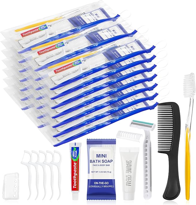 50 Sets Personal Hygiene Kit Bulk,Yellow Basic Travel Toiletry Supplies Disposable Toothbrushes with Toothpaste Floss Comb Soap Cover and Razors Set for Homeless,Guests,Church
