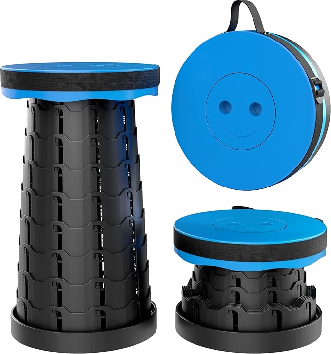 NEW IMPROVED PLASTIC MATERIAL QUALITY BLUE Collapsible Stool - Durable, Foldable, Adjustable Collapsible Seat for Outdoors, Camping, Home - Strong, Safe, Compact Portable - Versatile Telescopic Stool