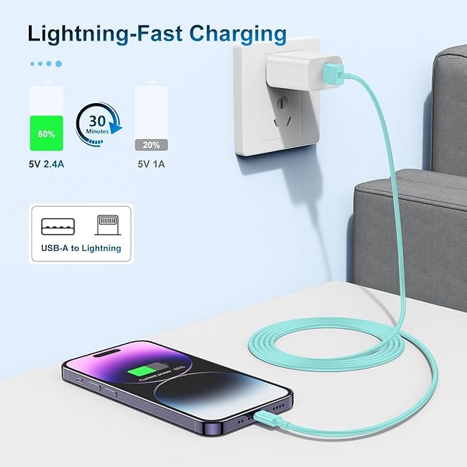 3 Pack Apple MFi Certified Charger Cable 3ft, Lightning to USB Cable Cord 3 Foot, 2.4A Fast Charging,Apple Phone Long Chargers for iPhone 13/12/11/11Pro/11Max/ X/XS/XR/XS Max/8/7/6 Light Blue