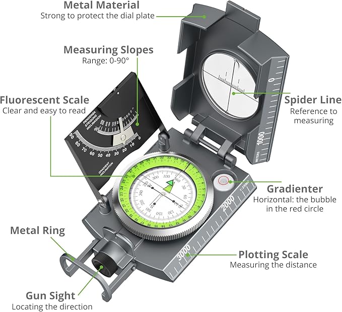 Proster IP65 Compass Hiking Survival - Lensatic Sighting Compass for Camping Navigation, Compass with Clinometer & Carry Bag for Camping Hunting Hiking Geology Activities