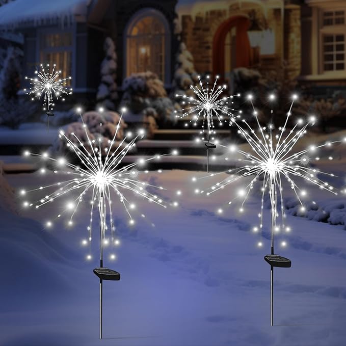 Solar Garden Firework Lights Outdoor Waterproof, 6 Pack Solar Powered Art Stake Twinkle Lighting for Outside Decor, 120 LED Sparklers String Lights for Yard Pathway Decorations(White)