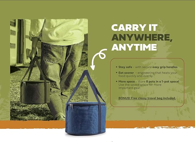 Camping Cookware Set 304 Stainless Steel 8-Piece Pots & Pans Open Fire Cooking Kit | Frying Pan Steamer with Travel Tote Bag | Compact For Outdoors & Indoors Kitchen Family Campfire Hiking RV