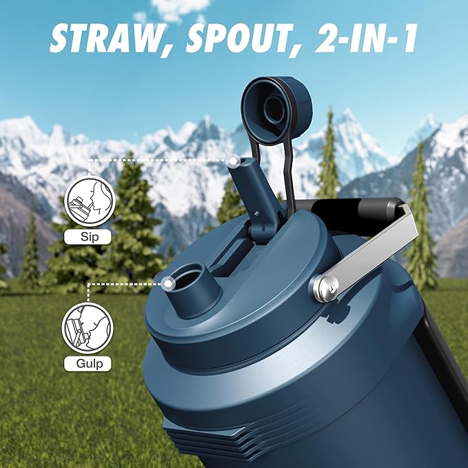 Gallon Water Jug for Outdoors: 2-in-1 Straw Spout Lid, Dual Handle, Leakproof, Keep Cold 48H, 128 oz Insulated Water Bottle for Men, Travel, Gym, Trip, Workout, Camping, Hydration, Fitness (Deepsea)