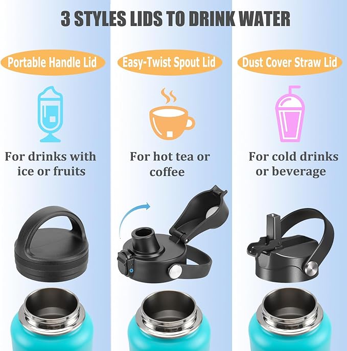 Water Bottle Insulated 32oz 40oz 64oz 128oz Straw Lid Spout Lid & 3 Lids, Leak Proof, Vacuum Insulated,Stainless Steel Water Bottle Wide Mouth for Sports, Gym or Office