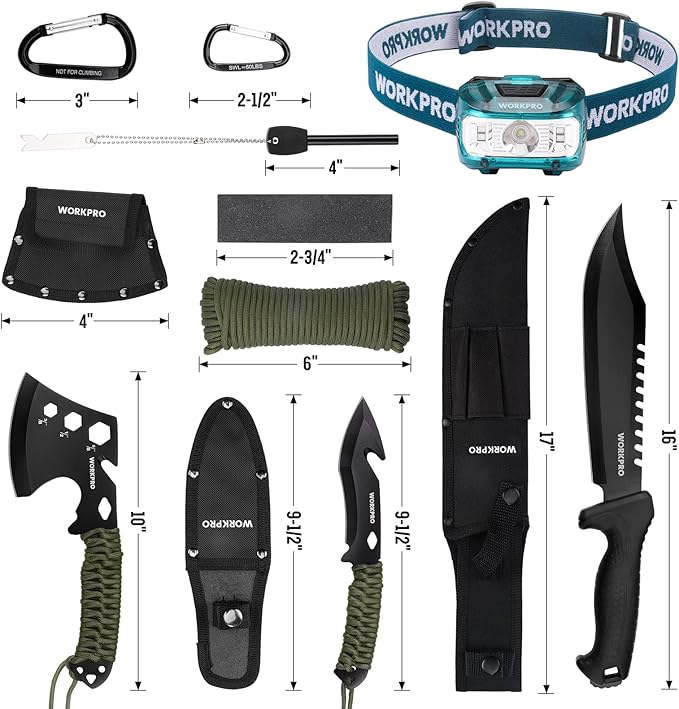 WORKPRO Camping Hatchet & Machete with Sheath, Camping Axe and Fixed Blade Hunting Knives with Paracord Handle, Headlamp, Flint, Camping Tool Set for Outdoor Hunting Survival