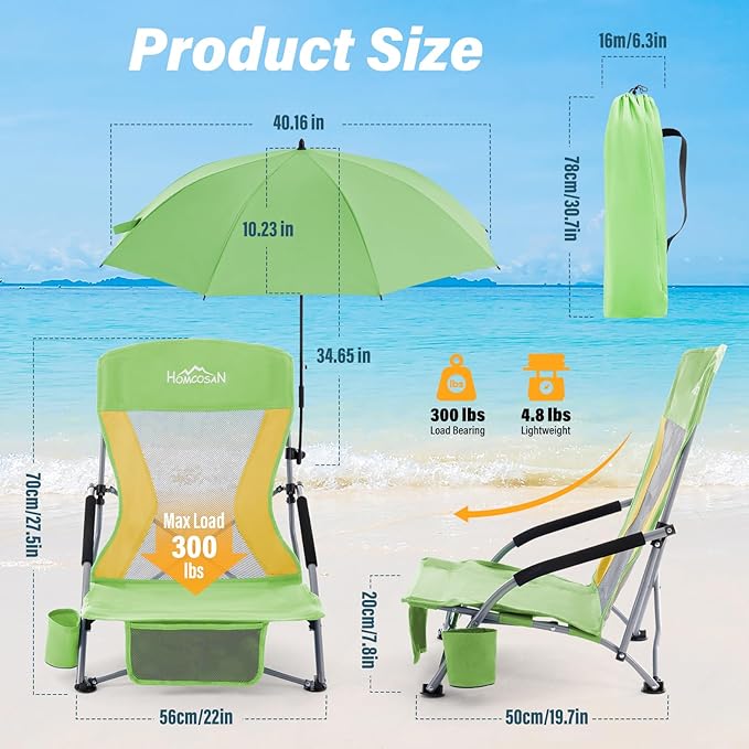 Homcosan Portable Low Folding Beach Chair with Detachable Umbrella - Lightweight Camping Chair for Adults with Cup Holder & Storage Pocket, Carry Bag Included (Green & Yellow)