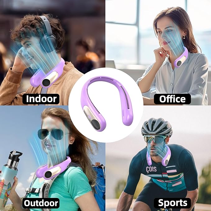 Portable Neck Fan,Personal Wearable Bladeless Fan,LED Display,4-Speeds,6000mAh USB Rechargeable,360° Strong Cooling Wind,Hands Free,Long Lasting,Birthday Gifts for Men Women Dad Mom (Purple)