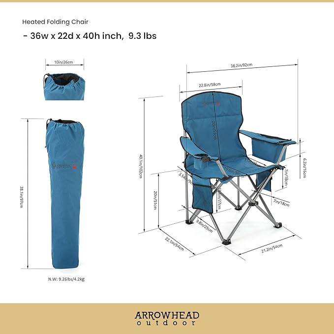 ARROWHEAD OUTDOOR 2-Pack Heated Folding Camping Chair with Cooler, 3 Heat Settings, Cup & Wine Glass Holder, Carrying Bag, Battery NOT Included, Supports up to 330lbs