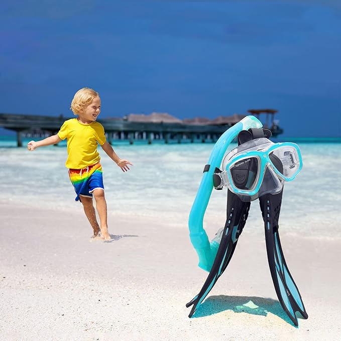 Kids Mask Fins Snorkel Set Snorkeling Packages, with Diving Mask, Snorkel, Adjustable Swim Fins, Mesh Bag, Anti-Fog Anti-Leak Snorkeling Gear for Kids for Snorkeling Swimming Diving