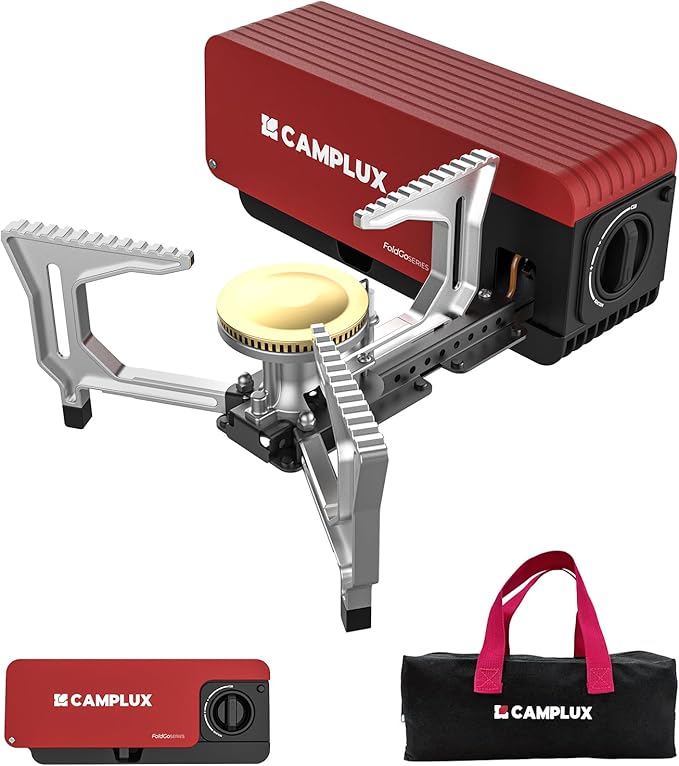 CAMPLUX FoldGo Camping Stove, 7500 BTU Portable Butane Gas Stove, Foldable Cassette Stove with Carry Bag & Adjustable Burner, CSA Certified Collapsible Butane Stove for Outdoor Cooking, Red