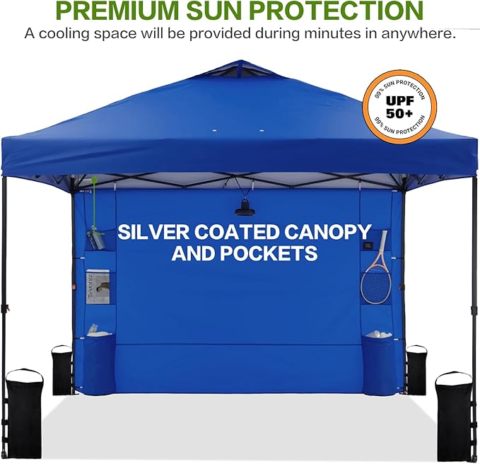 10'x10' Pop Up Canopy Tent with 1 Sidewall and 6 Pockets, One Push Setup, Instant Shade Tent with Vented Roof for Beach Patio Outdoor, Case, 8 Stakes, 4 Ropes, 4 Sandbags (Royal Navy, 10x10)