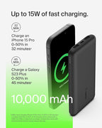 Belkin Portable Charger, USB C Power Bank 10000 mAh w/ 2xUSB-A Ports, 15W w/ Type-C to Type-A Cable for iPhone 17, Air, Pro, Samsung Galaxy S25, Nintendo Switch 2, Google Pixel 10, etc. - Black