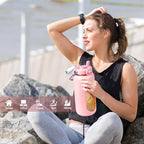 BLUEGO 64oz Water Bottle Glass with Stainless Steel Handle Large Water Bottle with Time Markers and Silicone Sleeve Half Gallon Water Jug BPA Free for Gym Daily Use, Pink