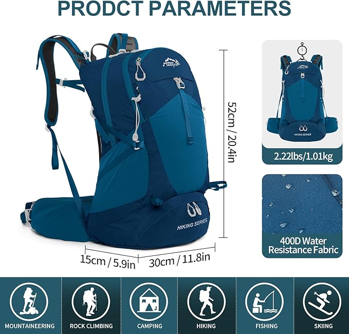 Hiking Backpack, Waterproof Hiking Daypack with 3L Water Bladder and Rain Cover, Lightweight Travel Camping Backpack for Men Women (Blue)