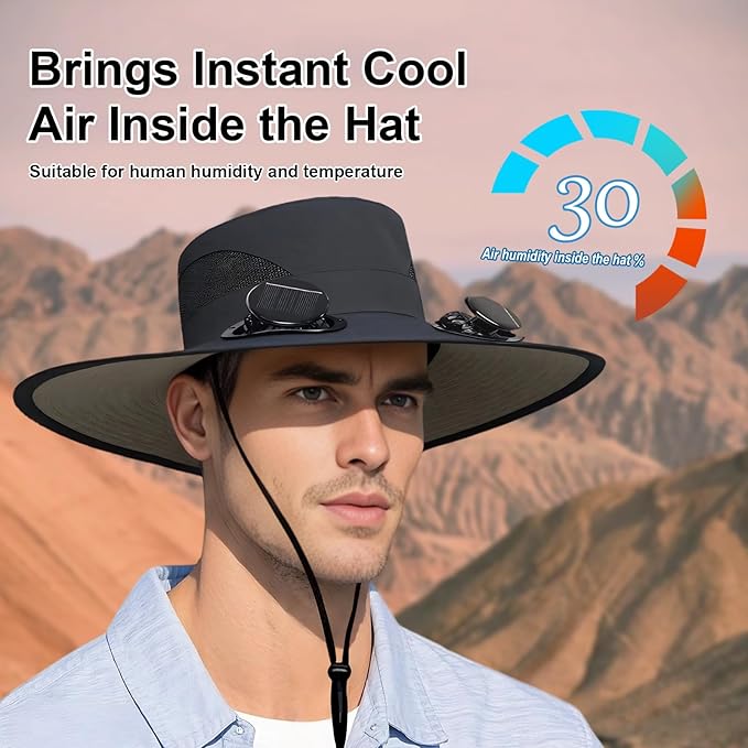 Solar Fan Hat with Removable Dual Fans – Wide Brim Cooling Cap with USB & Solar Charging, 3-Speed Adjustable, Black, One Size for Men & Women