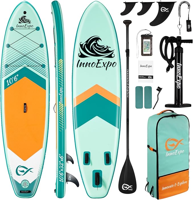 InnoExpo Inflatable Stand Up Paddle Boards with Premium Accessories, Wide Stable SUP Paddle Board Design, Non-Slip Comfort Deck for Youth & Adults