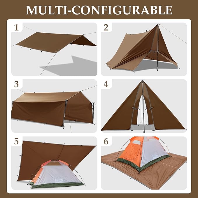Camping Tarp Tent Portable Multifunctional Bushcraft Backpacking Tear-Resistant Fabric Rain Fly Tarps Awning Shelter Lightweight Waterproof Tarp(10×10 tarp)