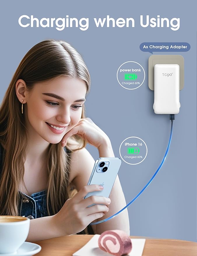 TG90° Portable Charger Power Bank with Built-in AC Wall Plug and Cables, 10000mAh USB C External Battery Charger Compatible with iPhone and Android Phones