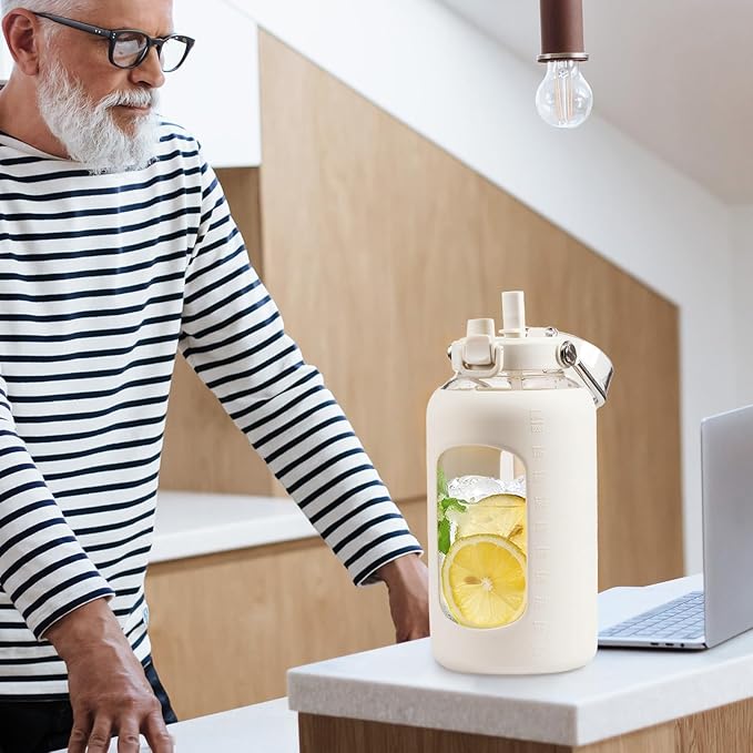 BLUEGO 84oz Water Bottle Glass with Stainless Steel Handle Large 2.5l Water Bottle with Time Markers and Silicone Sleeve Half Gallon Water Jug BPA Free for Gym Daily Use, White