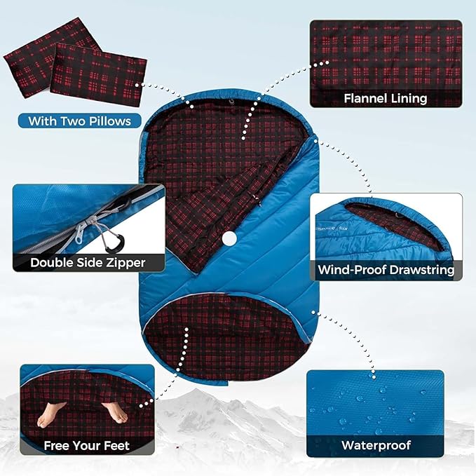 KingCamp Double Sleeping Bag for Adults, Queen Size 2 Person XXL Flannel Sleeping Bag, Waterproof Lightweight Flannel Quilt with 2 Pillows, Perfect for Couples Family Camping Hiking