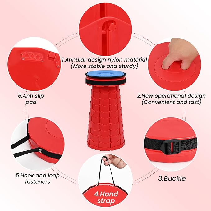 2 Pack Upgraded Collapsible Stool Folding Stool with Cushion,Retractable Folding Stool Max Load Capacity 400lbs, Portable Telescoping Stools for Camping Hiking Outdoor BBQ -Red