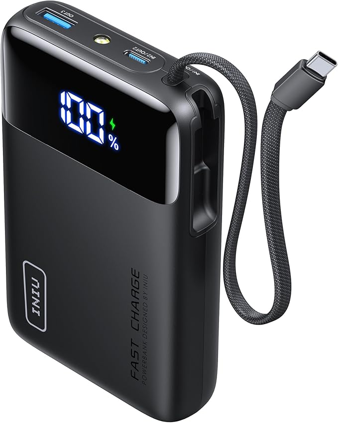 INIU 45W Portable Charger, Smallest 20000mAh Power Bank with Build in USB-C Cable, Fast Charging USB C in&Out Battery Pack, Travel Phone Charger for iPhone 17 16 15 Air Samsung S25 S24 Google iPad etc