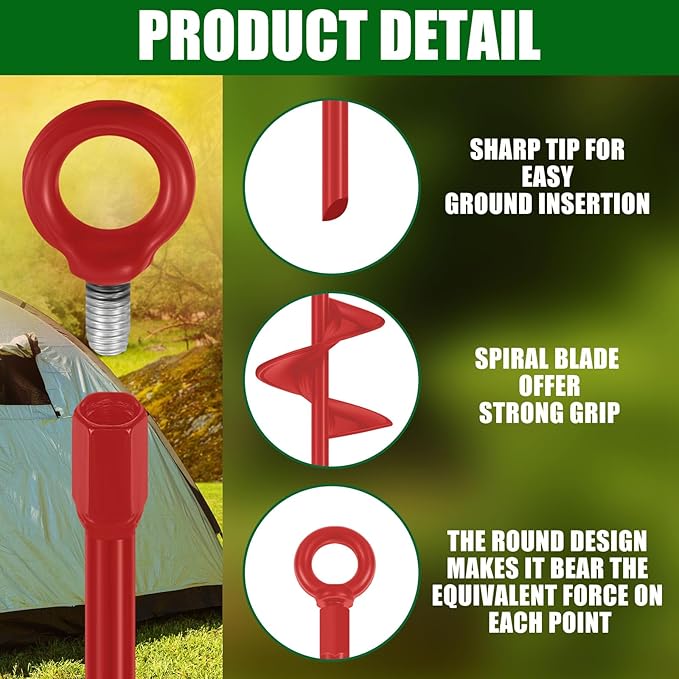 Lasnten 30 Inch Heavy Duty Ground Anchor Spiral Blade Earth Anchor Kit Metal Anchor Hook Beach Sand Stakes Camping for Securing Animals, Shelters, Tents, Canopies(Red,6 Pcs)