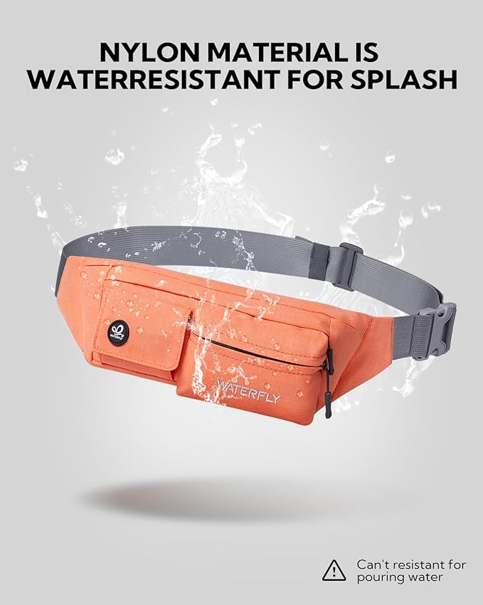 WATERFLY Fanny Pack Slim Soft Polyester Water Resistant Waist Bag Pack for Man Women Carrying iPhone 8 Samsung S6 (Orange)