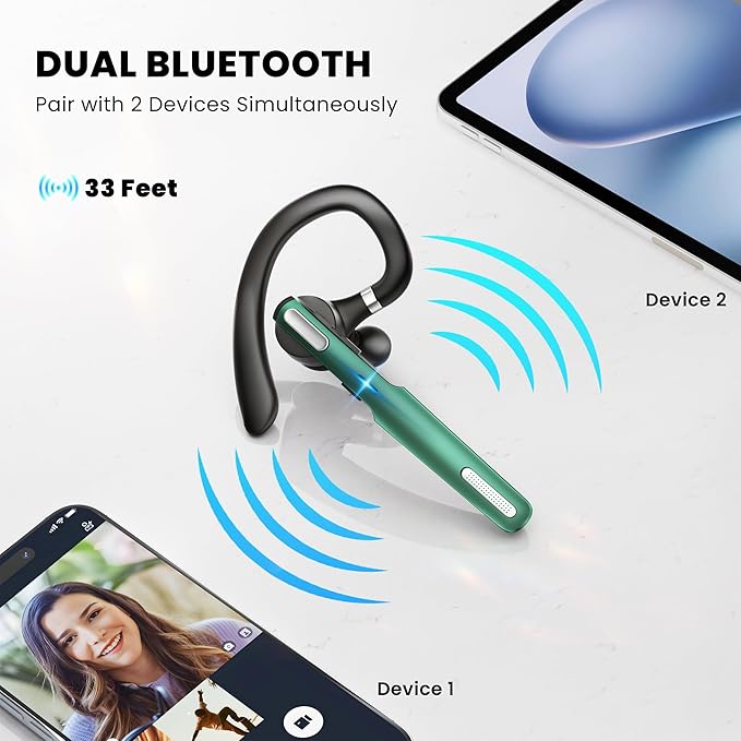 Bluetooth Headset, Wireless Bluetooth Earpiece V5.0 Hands-Free Earphones with Built-in Mic for Driving/Business/Office, Compatible with iPhone and Android (Green)