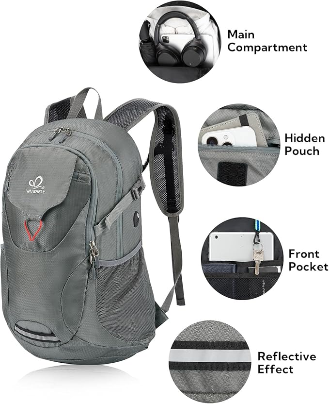 WATERFLY Lightweight Packable Hiking Backpack: 30L Foldable Travel Daypack Ultralight Camping Day Pack for Woman Man Grey
