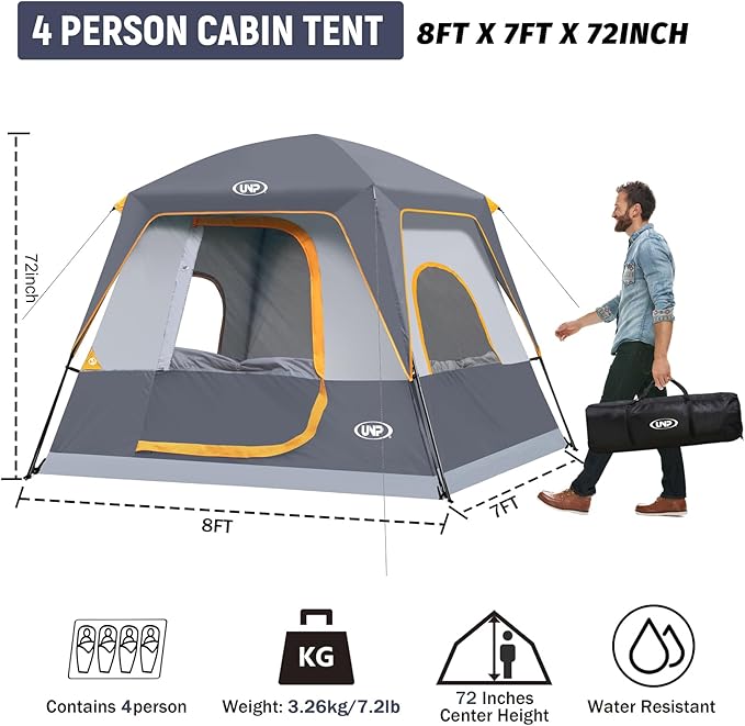 UNP 2/4/6/8 Person Tent, Portable Cabin Tent, Camping Tent 4-Person Easy Set Up, Waterproof with Top Rainfly for Outdoor Camping/Hiking