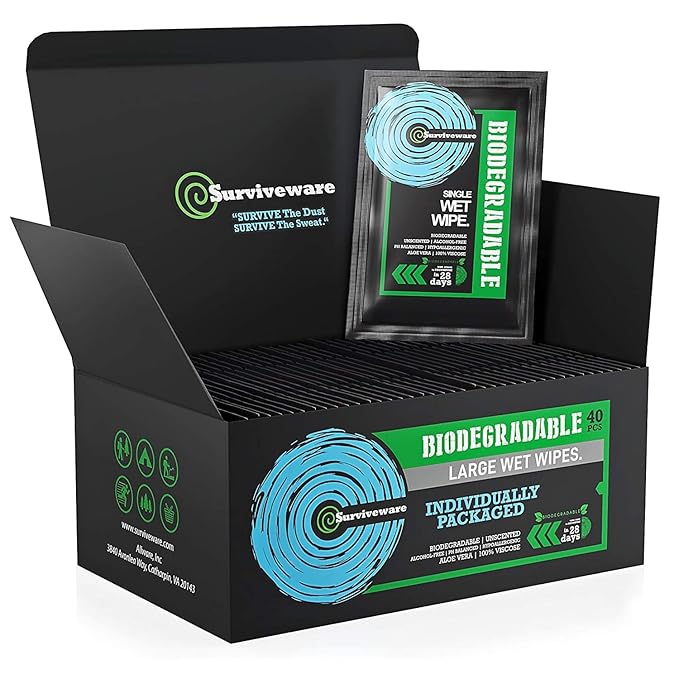 Surviveware Biodegradable Wipes Men or Women - Shower Wet Wipes Face, Body & Butt - Outdoors, Travel, Camping & Post Workout - Total of 40 Wipes - 1 Count, Pack of 40