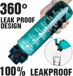 OLDLEY Water Bottle, 32oz Motivational Sports Water Bottle with Time Marker - Times to Drink - Tritan, BPA Free, Wide Mouth Leakproof, Deep Sea (1 Bottle)