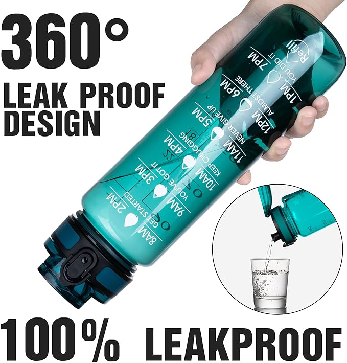 OLDLEY Water Bottle, 32oz Motivational Sports Water Bottle with Time Marker - Times to Drink - Tritan, BPA Free, Wide Mouth Leakproof, Deep Sea (1 Bottle)
