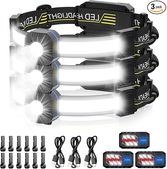 LED Headlamp, 1000lumens 230° Widebeam Headlight 3Packs, USB Rechargeable HeadLamp with Red Taillight, Lightweight Waterproof Headband Light for Camping Running Hiking, Hard Hat Headlamp