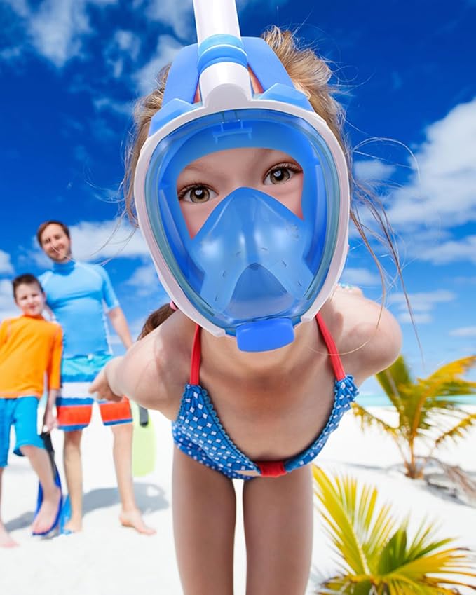W WSTOO Kids Full Face Snorkel Masks,Suitable for Beginners Dry Top Snorkeling Gear,Can Your Mouth or Nose to Breathe,180 Degrees Panoramic View,Anti-Fog Anti-Leak,Summer Travel and Vacationing Gifts