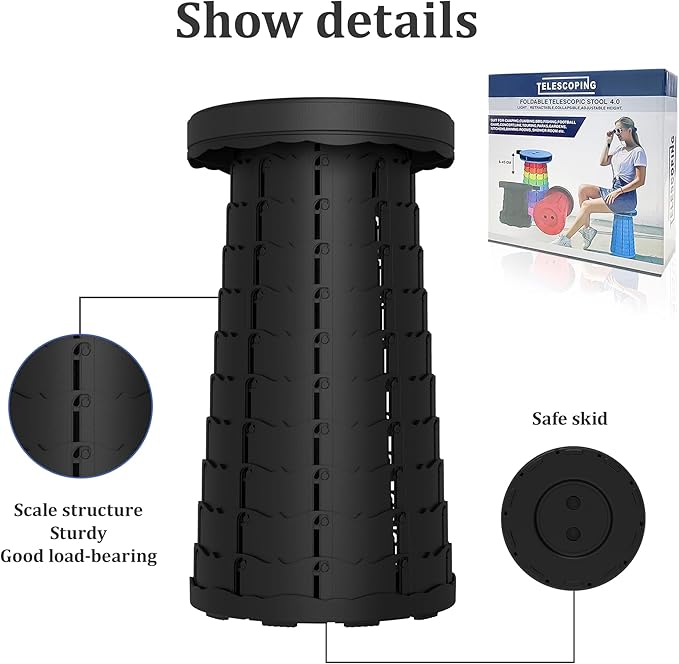 Portable Stool with Swivel Cushion Bag&Carabiner,Collapsible More Sturdy and Lightweight Camping Telescoping Stool for Mountain Hiking BBQ,Max Load Capacity 440IBs